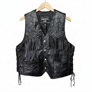Navarre Leather Company Italian Stone Design Vintage Black Leather Fringe Vest